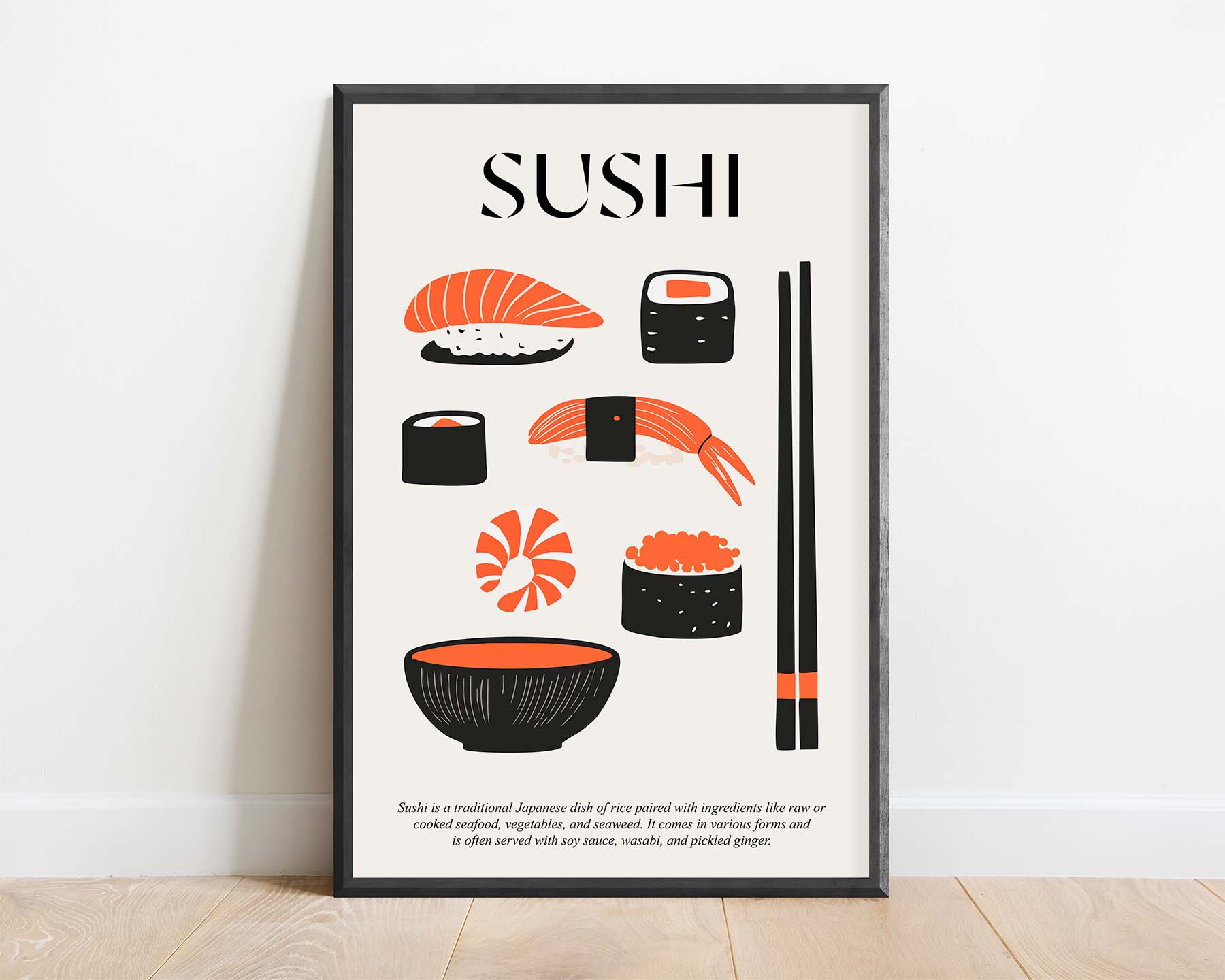 Framed vintage travel poster featuring illustrated sushi in retro Japanese style