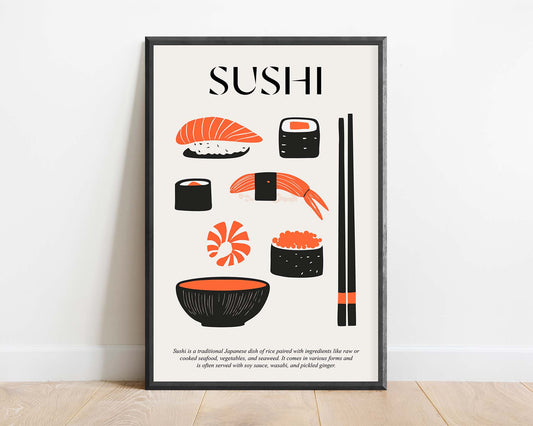 Framed vintage travel poster featuring illustrated sushi in retro Japanese style
