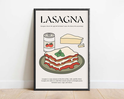 Vintage retro-style framed poster featuring a classic lasagna dish with traditional Italian design elements