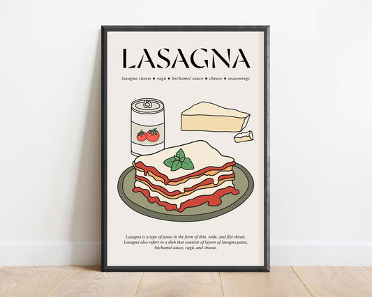 Vintage retro-style framed poster featuring a classic lasagna dish with traditional Italian design elements