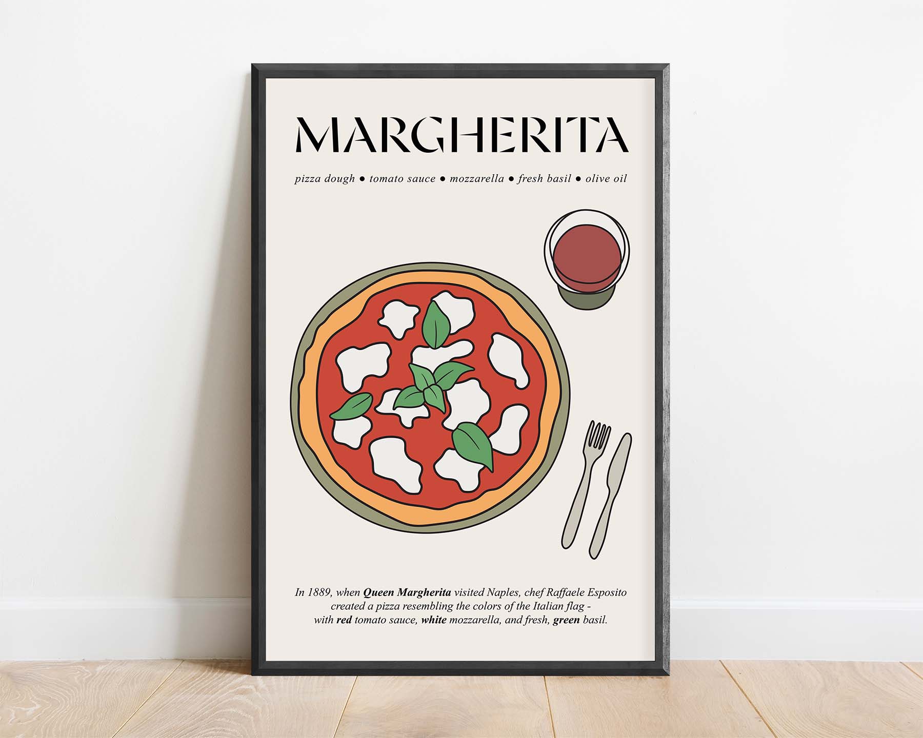 Vintage retro-style framed poster showcasing a classic Pizza Margherita with vibrant colors and traditional Italian design elements