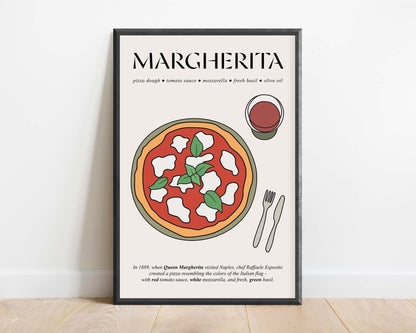 Vintage retro-style framed poster showcasing a classic Pizza Margherita with vibrant colors and traditional Italian design elements