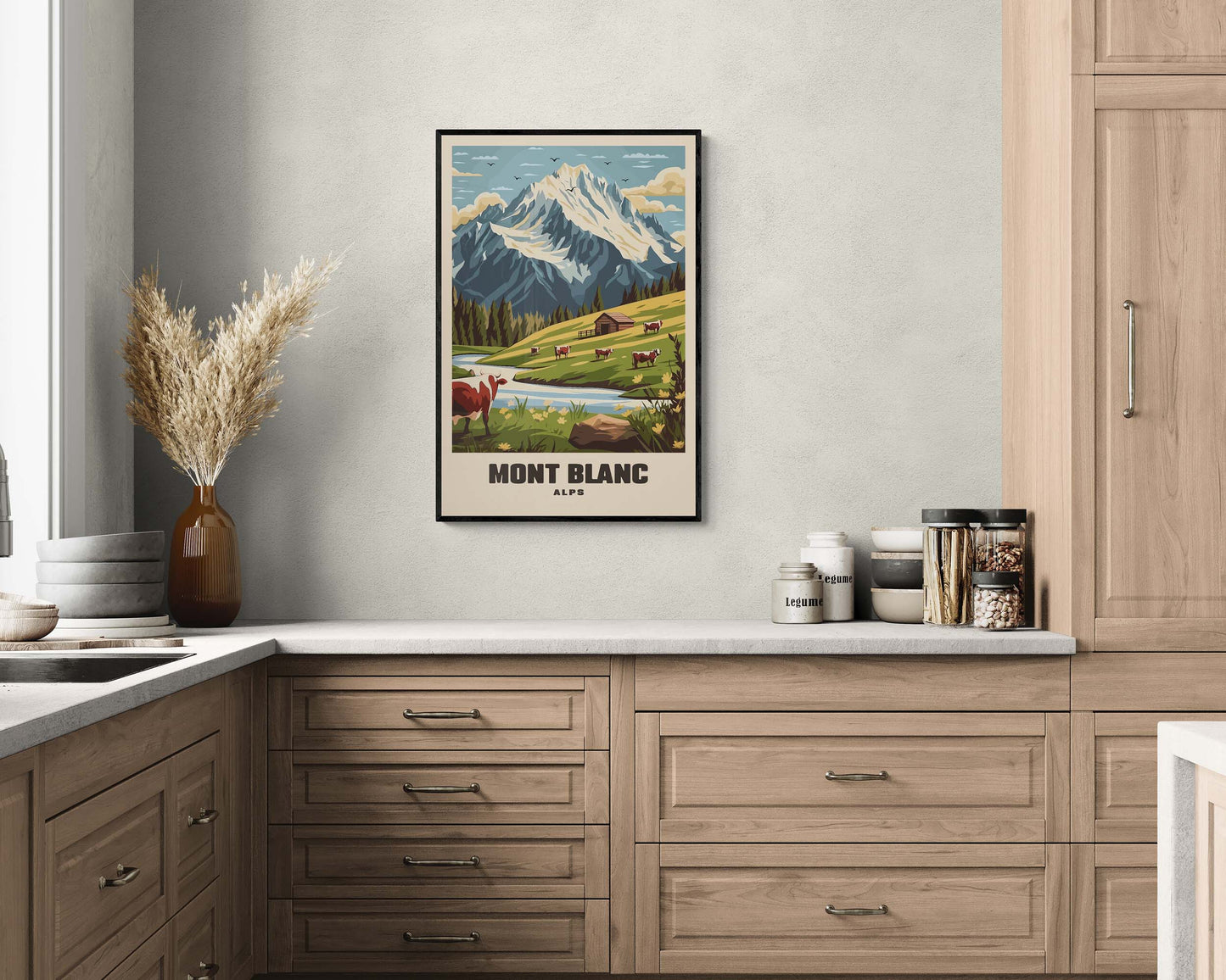 Stylized retro poster of Mont Blanc, framed and highlighting the iconic mountain in a nostalgic, vintage travel aesthetic