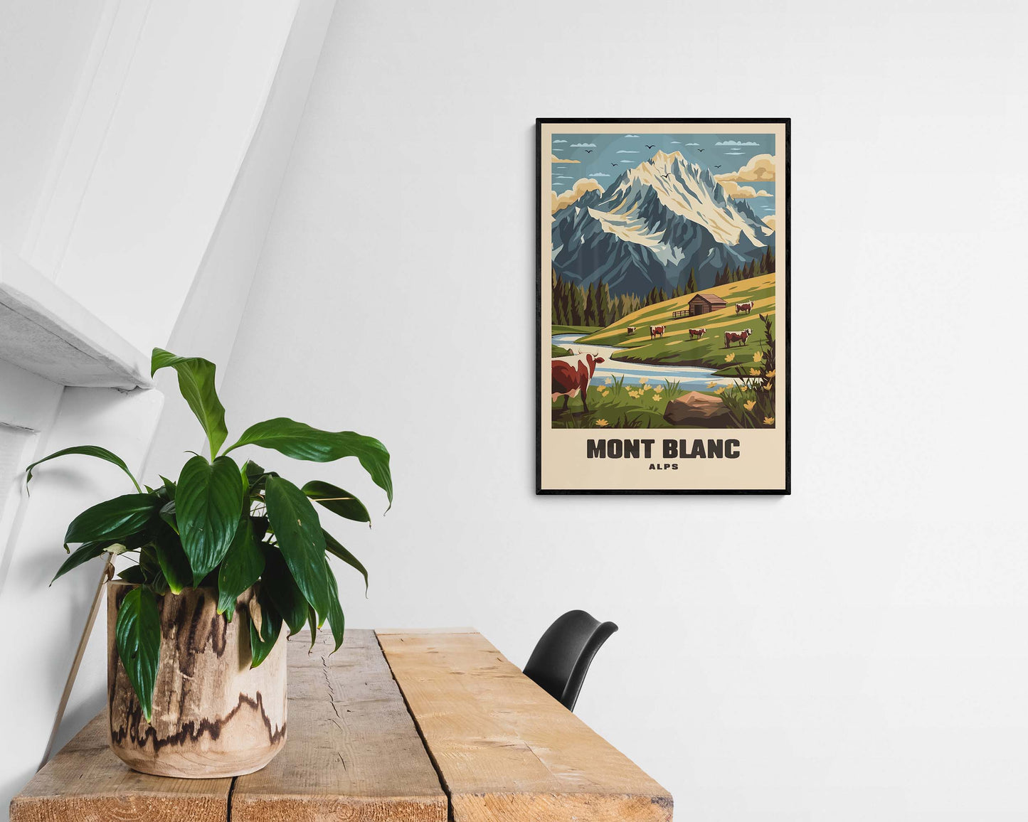 Classic vintage travel print of Mont Blanc, framed and showcasing the breathtaking views of Western Europe's highest peak