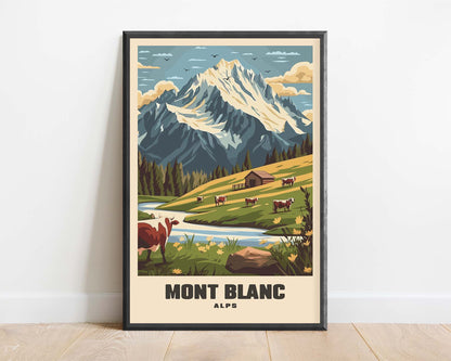 Framed vintage travel poster of Mont Blanc, featuring the majestic peak and alpine landscape in a retro, classic design