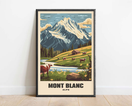 Framed vintage travel poster of Mont Blanc, featuring the majestic peak and alpine landscape in a retro, classic design
