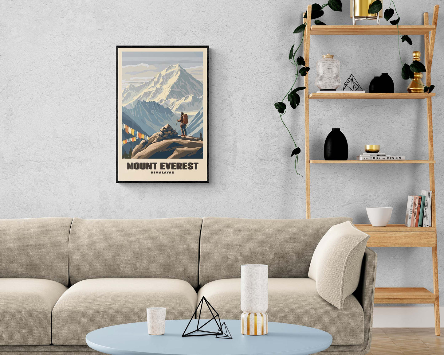 Stylized retro poster of Mount Everest, framed and showcasing the world’s highest peak in a nostalgic, vintage travel style