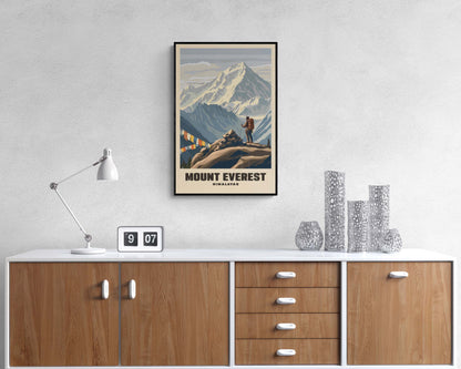 Classic vintage travel print of Mount Everest, framed and capturing the iconic Himalayan landscape in a timeless design