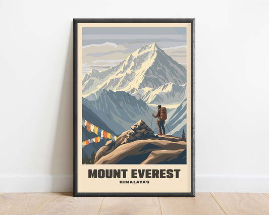 Framed vintage travel poster of Mount Everest, featuring a retro design with dramatic mountain views and classic typography