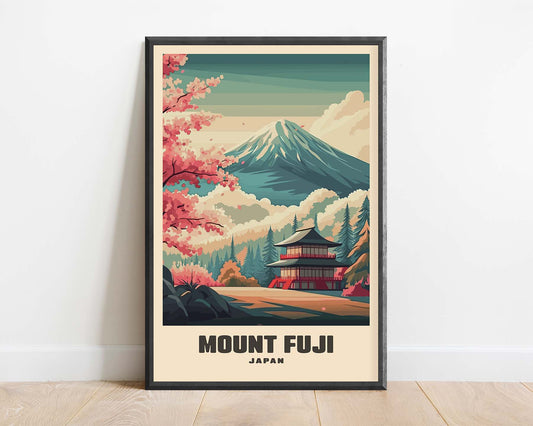 Framed vintage travel poster of Mount Fuji, Japan, featuring a classic retro design with muted colors and an antique-style illustration