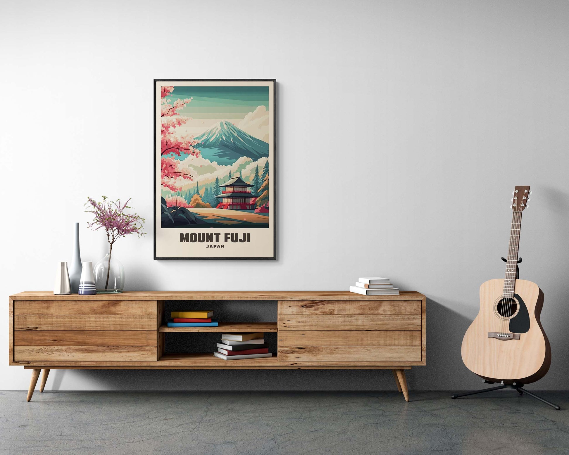 Scenic Japan artwork of Mount Fuji in a vintage-style print, framed and displayed as nostalgic wall decor.