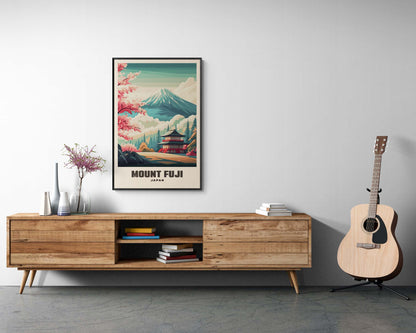 Scenic Japan artwork of Mount Fuji in a vintage-style print, framed and displayed as nostalgic wall decor.