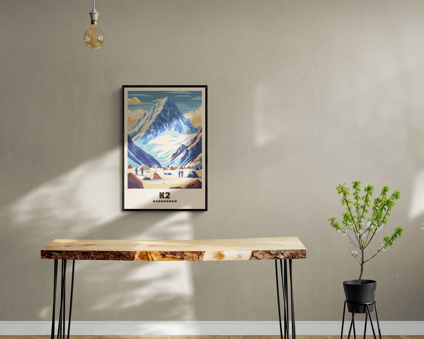 Stylized retro poster of K2, framed and highlighting the majestic mountain in a nostalgic, vintage travel aesthetic