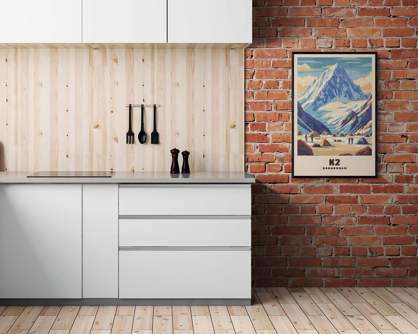 Classic vintage travel print of K2, framed and featuring the dramatic slopes and rugged landscape of the world's second-highest peak