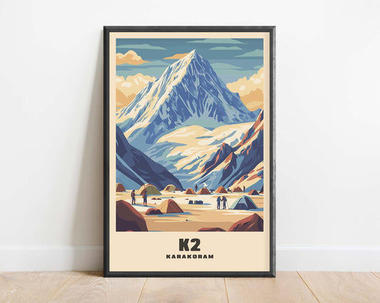 Framed vintage travel poster of K2, showcasing the towering peak of the Karakoram Range in a retro, classic design
