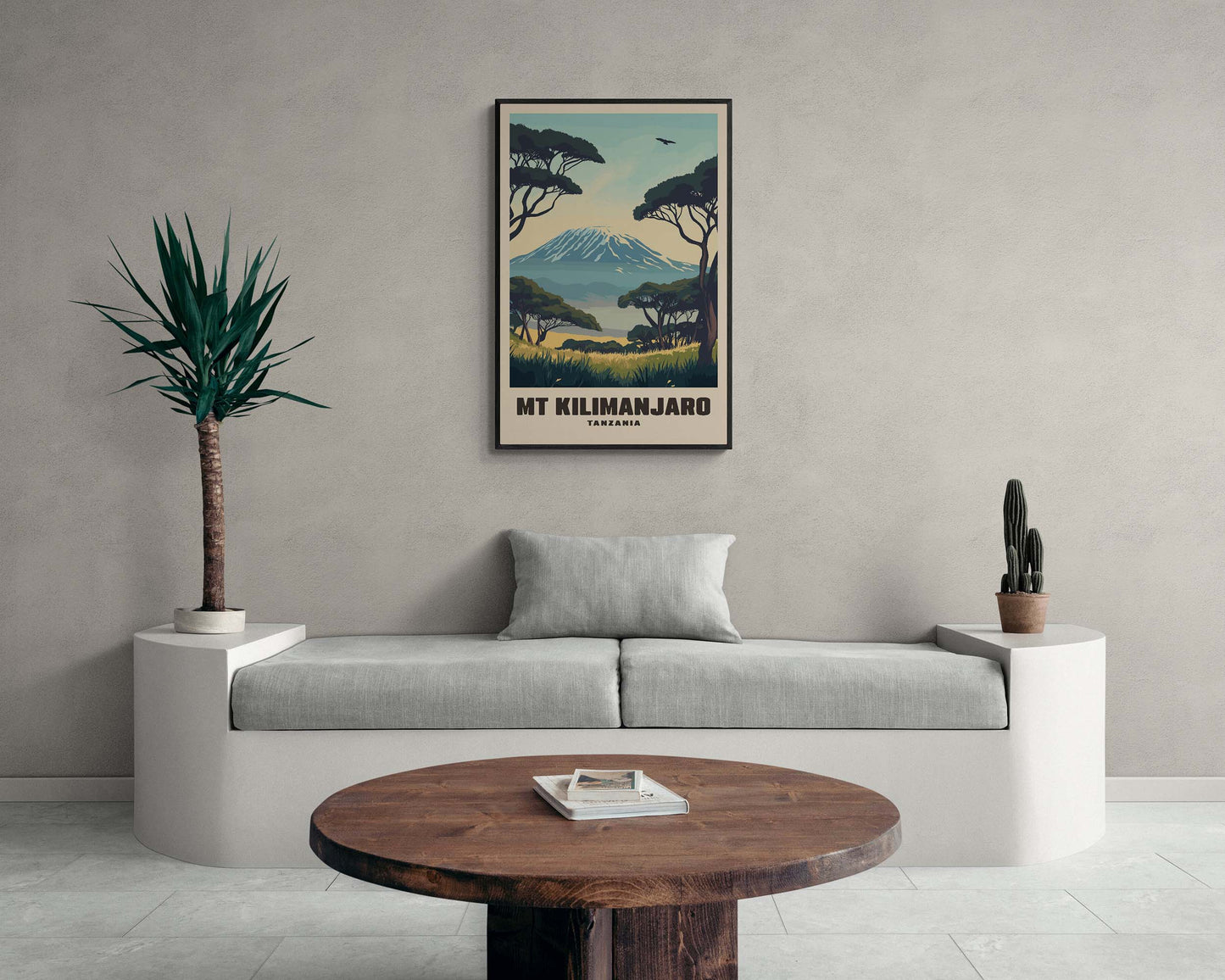 Stylized vintage Mount Kilimanjaro travel print in a wooden frame, showcasing Africa’s highest peak in a nostalgic artistic style