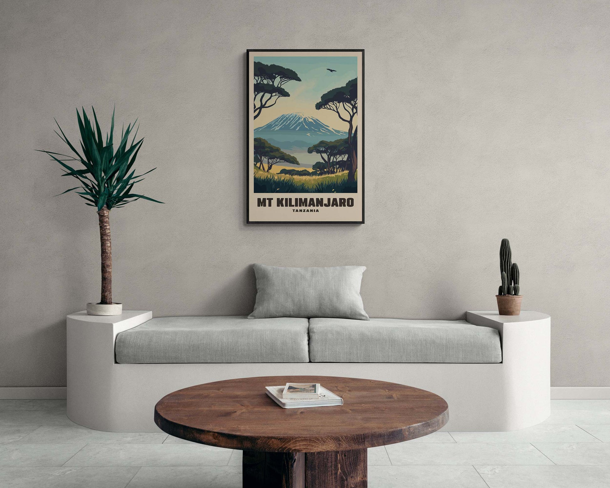 Stylized vintage Mount Kilimanjaro travel print in a wooden frame, showcasing Africa’s highest peak in a nostalgic artistic style