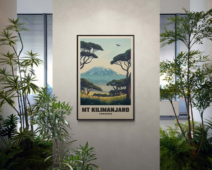 Retro-inspired Mount Kilimanjaro wall art, framed and designed in classic travel poster aesthetics with bold colors and scenic mountain views