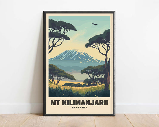 Framed vintage travel poster of Mount Kilimanjaro, featuring a classic retro design with warm tones.