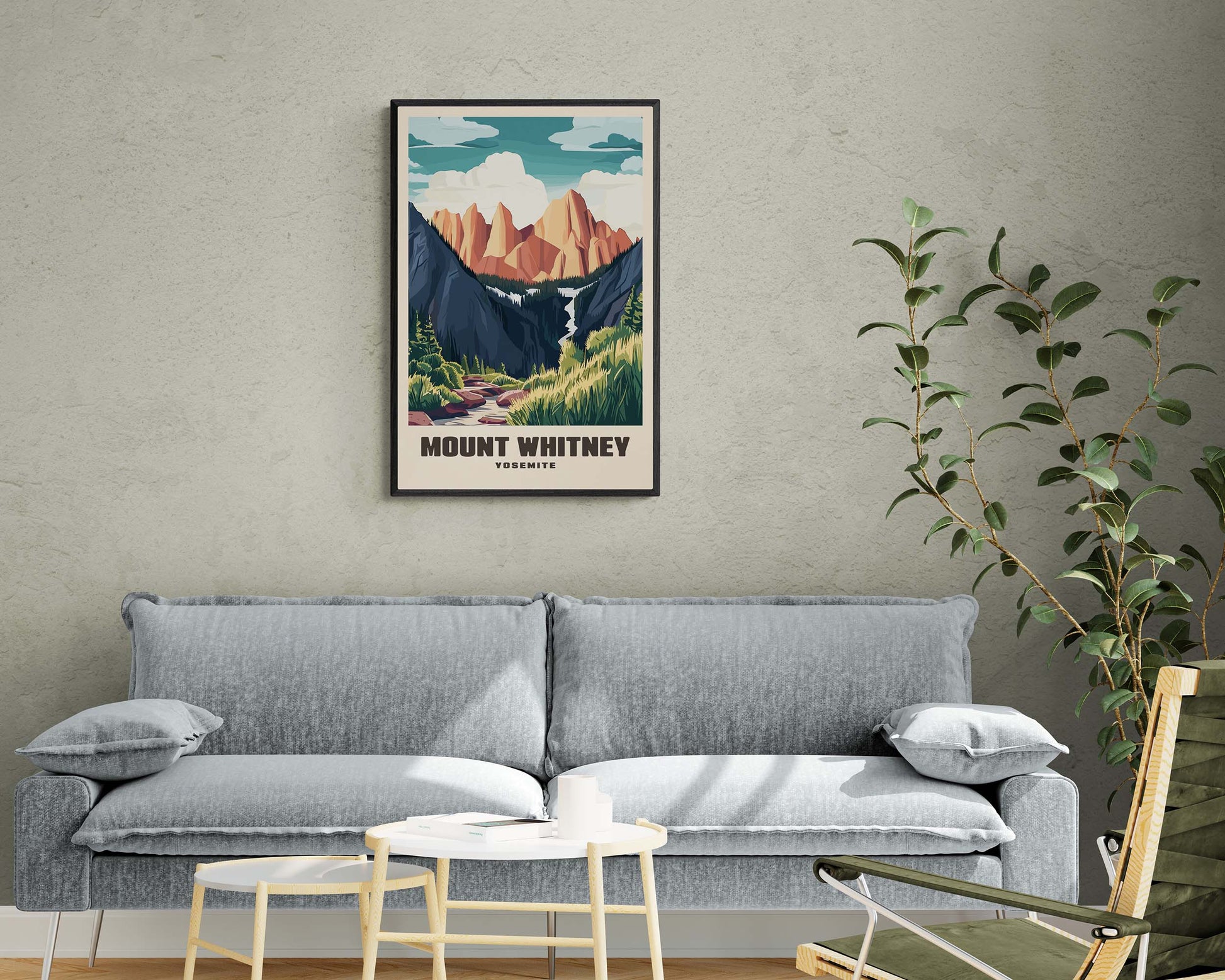 Retro-inspired Mount Whitney wall art, framed and designed in classic travel poster style with scenic mountain views and bold typography