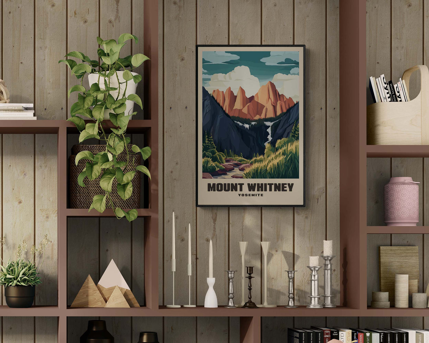 Stylized vintage Mount Whitney travel print in a wooden frame, showcasing the towering peak of California’s highest mountain in a nostalgic design