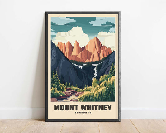 Framed vintage travel poster of Mount Whitney, featuring retro artwork and vibrant colors