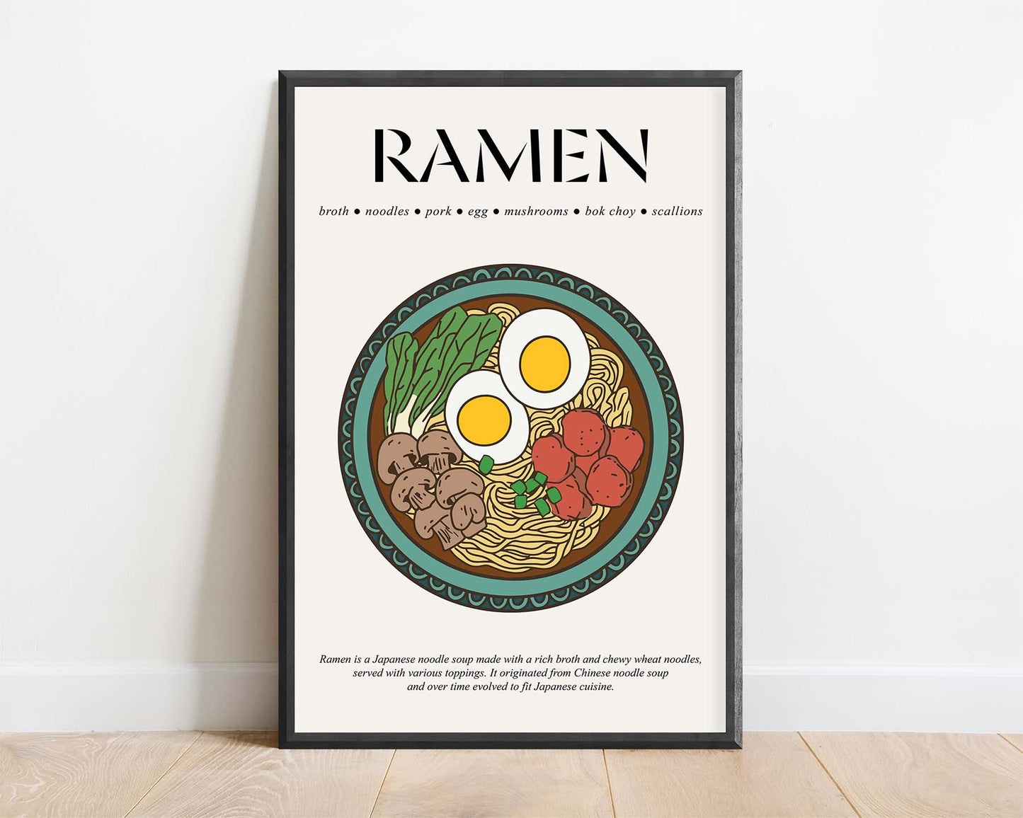 Vintage retro-style framed poster featuring a steaming bowl of Japanese ramen with classic typography