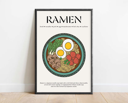 Vintage retro-style framed poster featuring a steaming bowl of Japanese ramen with classic typography