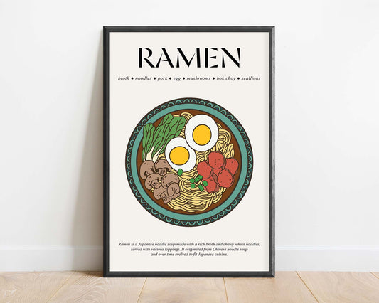 Vintage retro-style framed poster featuring a steaming bowl of Japanese ramen with classic typography