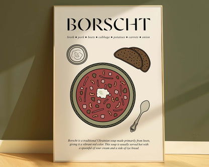 Framed vintage borscht advertisement print with nostalgic Soviet-era typography and warm colors