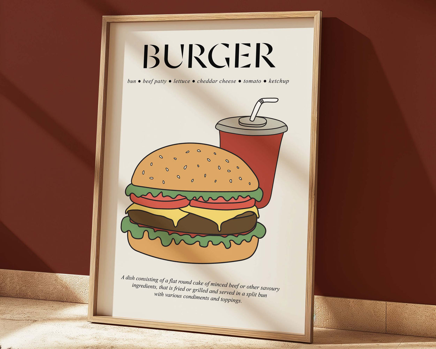 Retro burger poster in a wooden frame, featuring a nostalgic American diner aesthetic