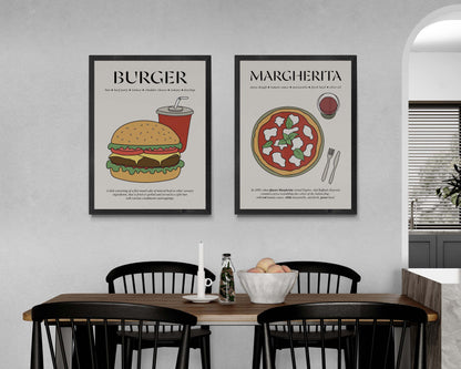 Classic retro burger wall art in a frame, highlighting a traditional hamburger with American diner style