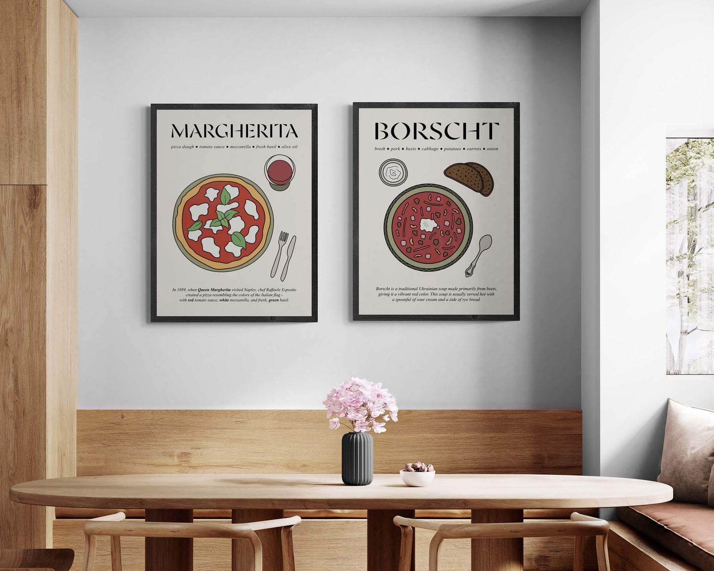 Classic retro-style pizza Margherita wall art in a frame, capturing the essence of traditional Italian pizza