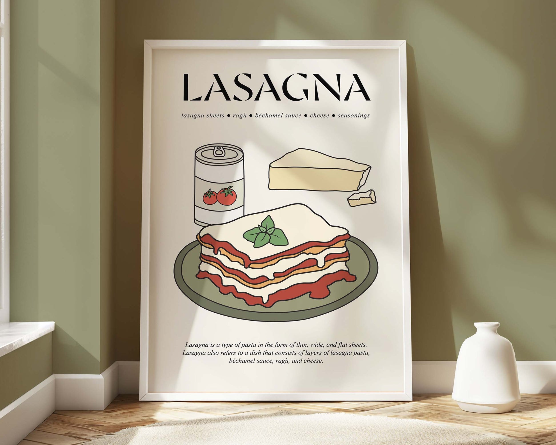 Retro Italian food poster in a wooden frame, showcasing a nostalgic lasagna with rich, rustic colors