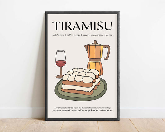 Vintage retro-style framed poster showcasing a classic tiramisu dessert with nostalgic Italian design elements