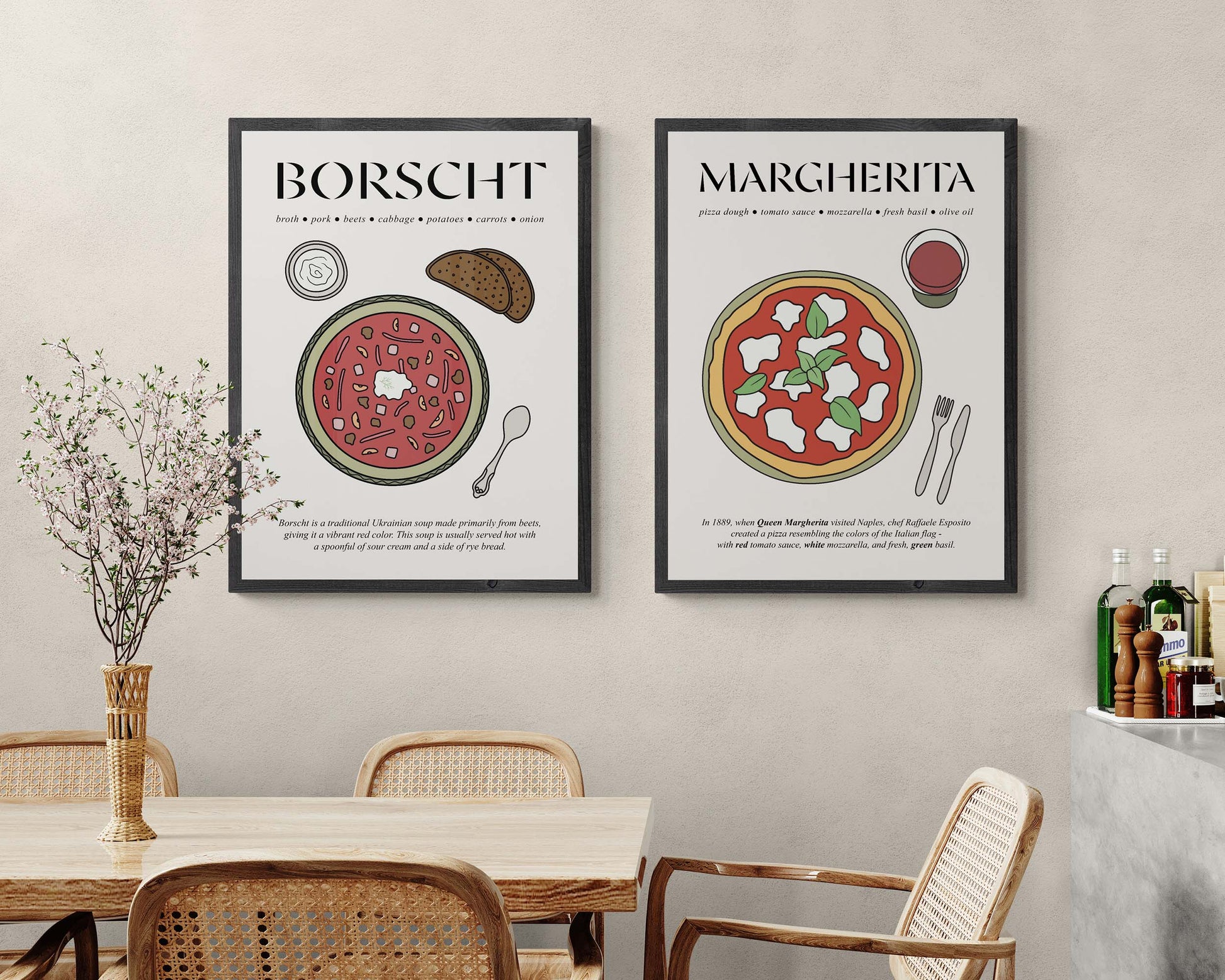 Old-fashioned borscht poster in a frame, featuring a rustic design inspired by Eastern European food culture