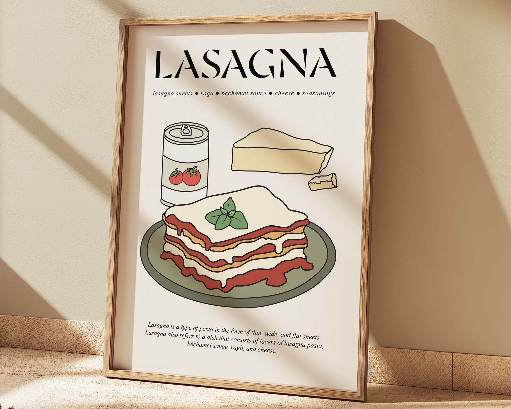 Classic retro lasagna wall art in a frame, capturing the essence of traditional Italian comfort food