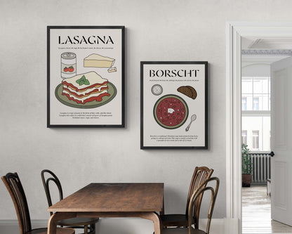 Old-fashioned framed poster of lasagna, featuring vintage Italian food art with a warm, inviting design