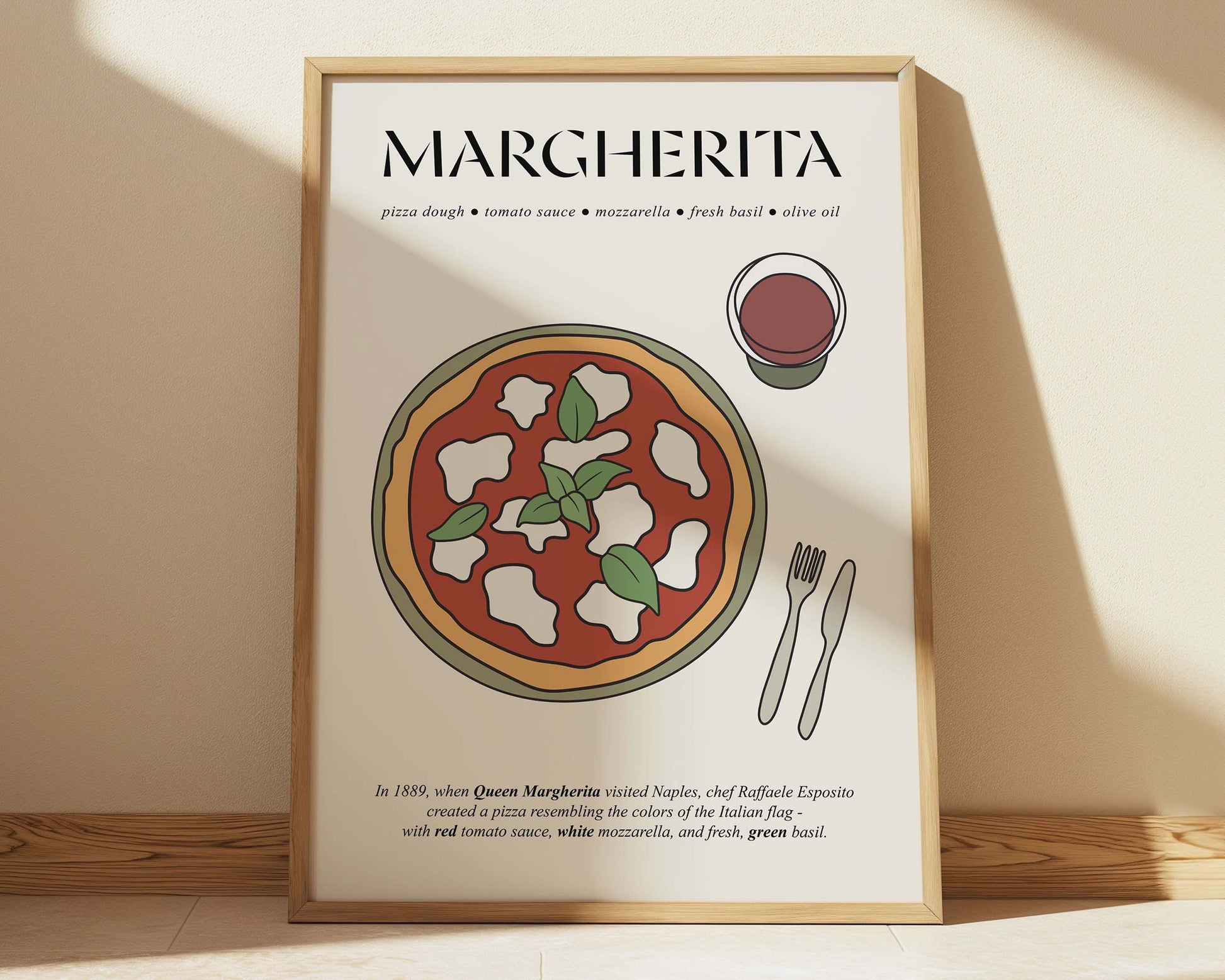 Retro pizza Margherita poster in a wooden frame, highlighting the iconic Italian pizza with fresh mozzarella, tomato, and basil