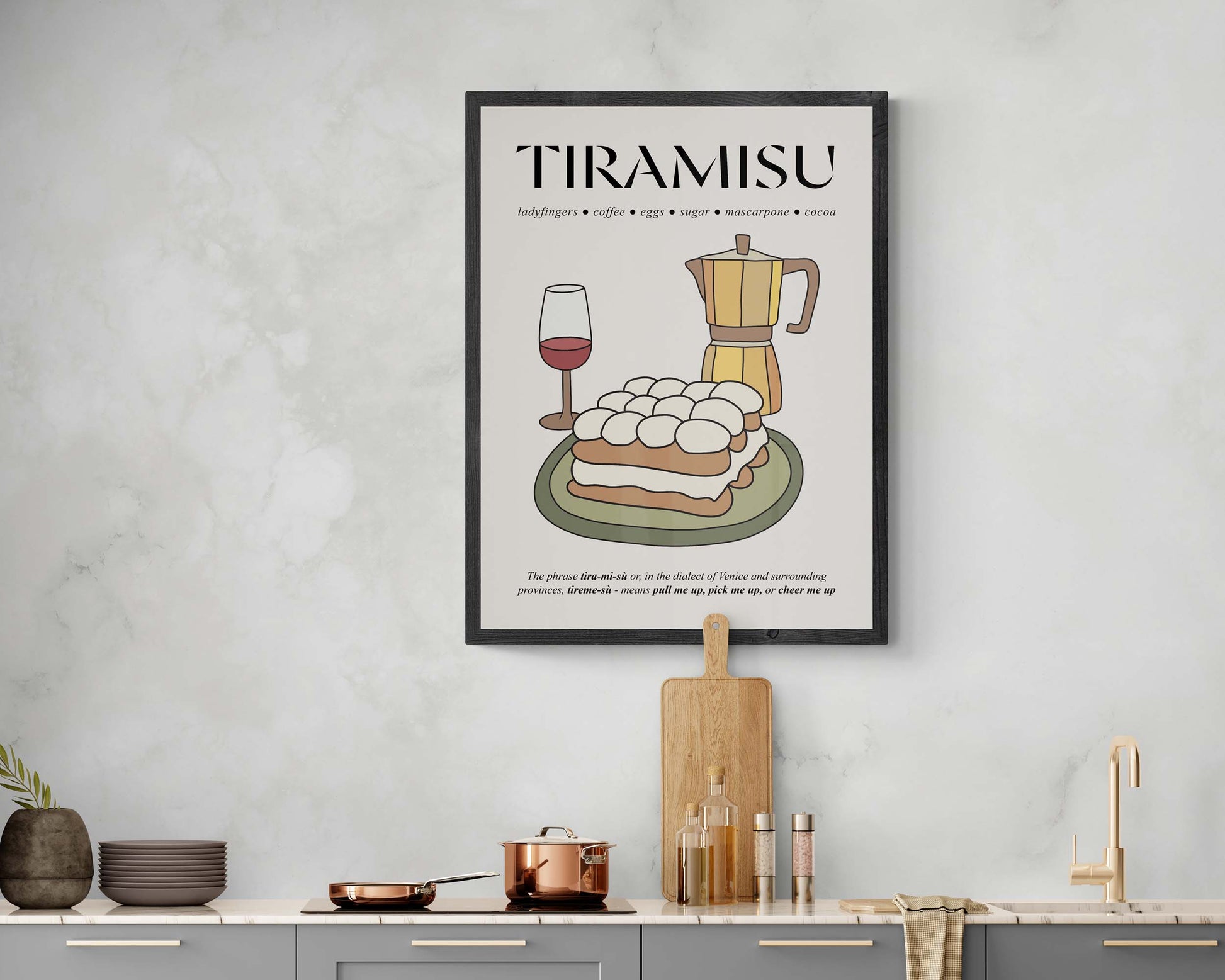Framed vintage tiramisu dessert print with a retro design, capturing the essence of classic Italian cuisine