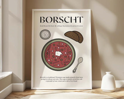 Retro borscht food poster in a wooden frame, showcasing traditional Eastern European cuisine art