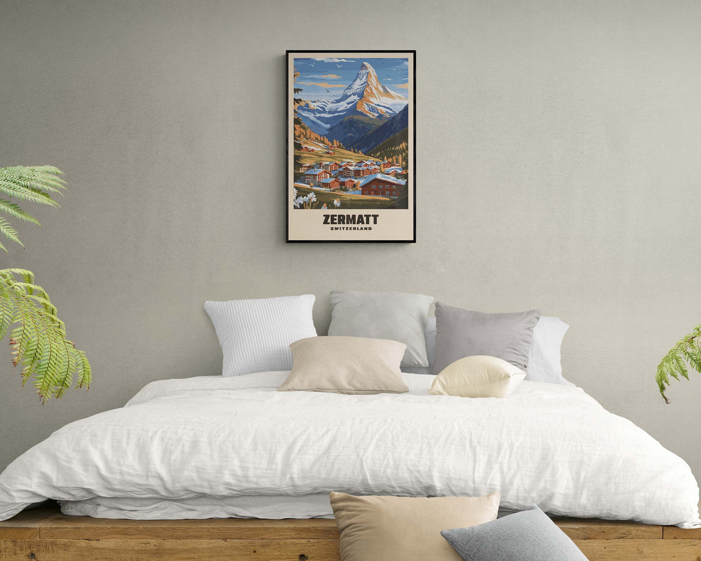 Stylized retro poster of Zermatt, framed and highlighting the charming Swiss mountain resort with a nostalgic, vintage travel aesthetic
