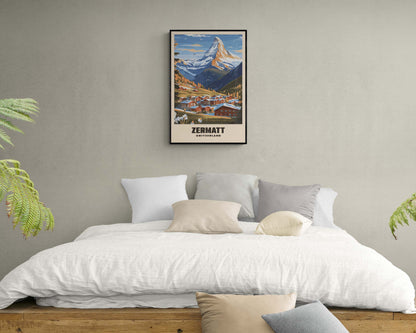Stylized retro poster of Zermatt, framed and highlighting the charming Swiss mountain resort with a nostalgic, vintage travel aesthetic