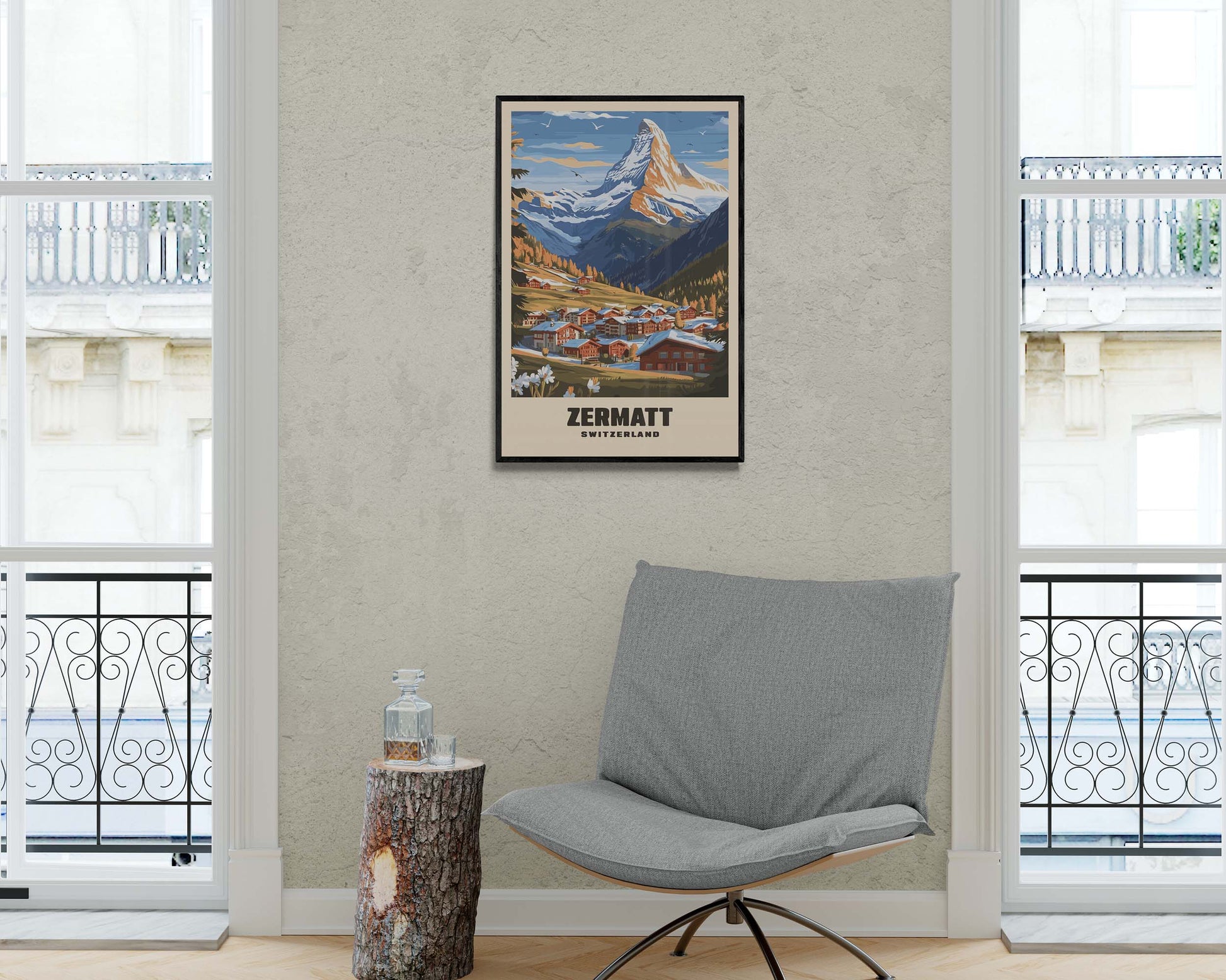 Classic vintage travel print of Zermatt, framed and featuring the iconic Matterhorn and scenic Alpine views in a timeless design