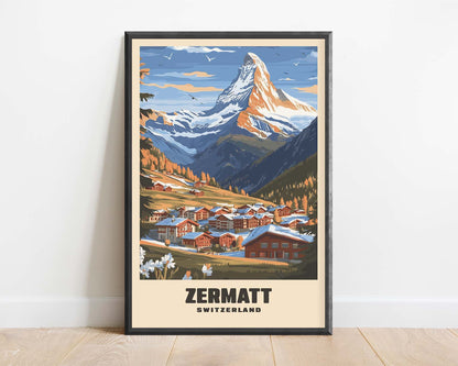 Framed vintage travel poster of Zermatt, showcasing the picturesque Swiss Alps and the iconic Matterhorn in a retro design
