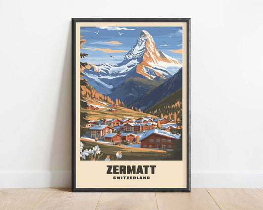 Framed vintage travel poster of Zermatt, showcasing the picturesque Swiss Alps and the iconic Matterhorn in a retro design
